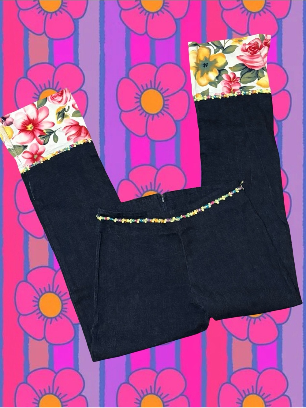 Vintage Dark Blue Denim Pants with Floral Cuffs
